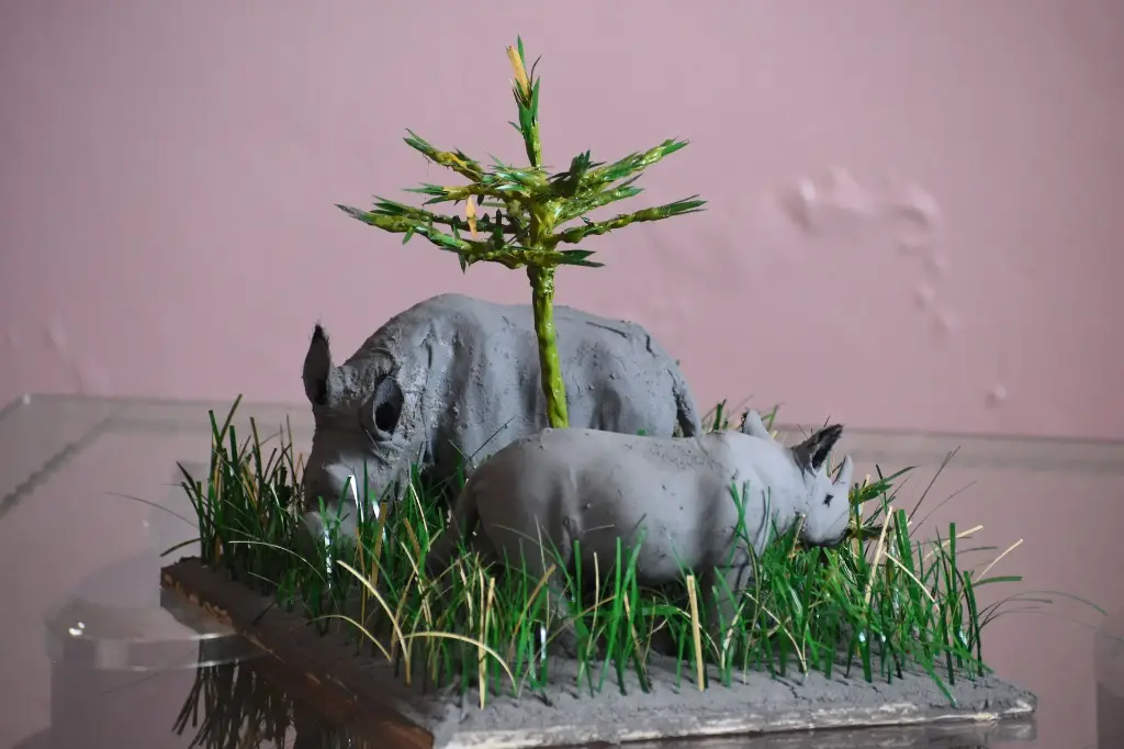 Handcrafted, Rhino Calf Sculpture - White Rhino Grazing & Black Rhino Browsing, Unique, Wildlife Art - African Nature Decor - Conservation-Themed Artwork - Handmade Animal Figurine